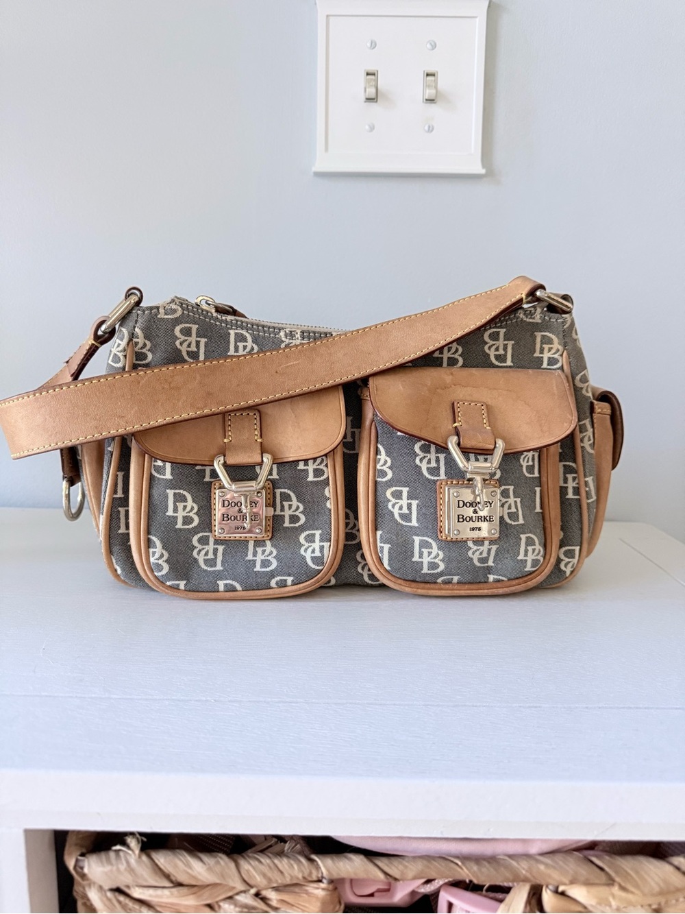 Dooney & Bourke Gray Monogram Crossbody with Tan Leather Trim